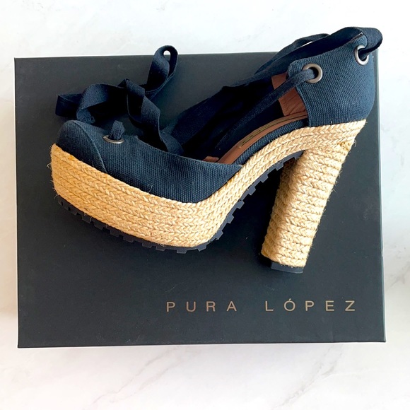 Pura Lopez black linen platform espadrille heels - Picture 5 of 8